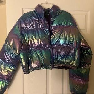 Purple holographic puffer jacket